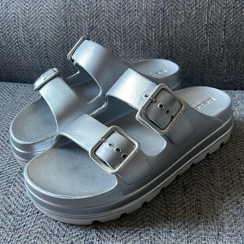 J/Slides, Silver EVA two buckle platform sandals. Size: 8